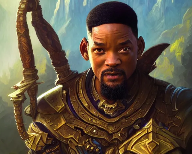 Image similar to if will smith was a halfling from d & d, deep focus, d & d, fantasy, intricate, elegant, highly detailed, digital painting, artstation, concept art, matte, sharp focus, illustration, hearthstone, art by artgerm and greg rutkowski and alphonse mucha