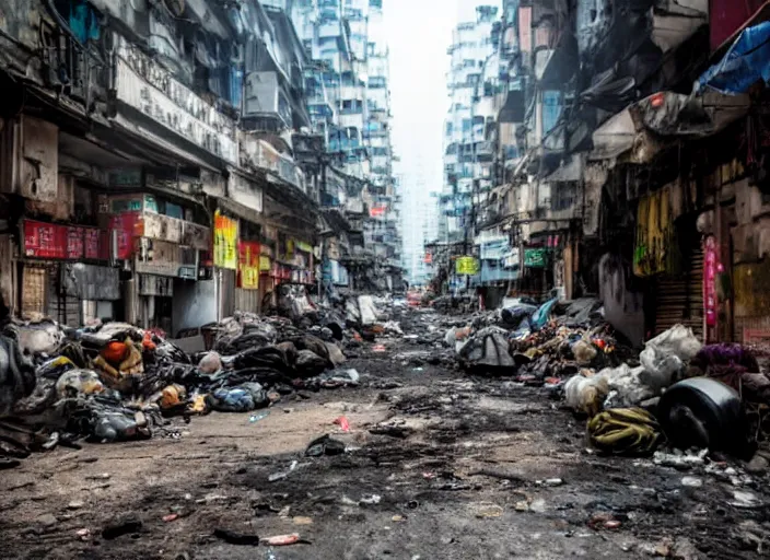 Prompt: dark, dirty, streets of hong kong, abandoned, creepy, piles of trash and junk, low brightness, cinematic lighting, no power, no lights