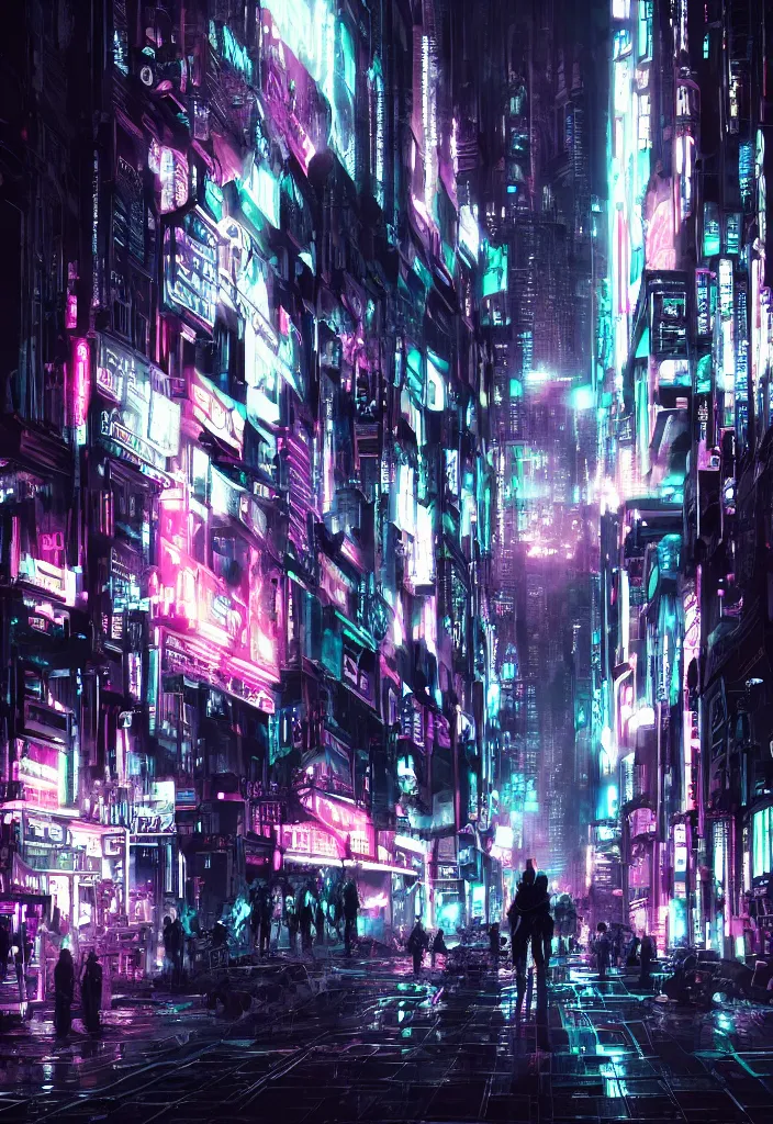 Prompt: concept art of a magnificent dark neon futuristic cyberpunk city bustling street at night cyberart in the style of liam wong, dramatic and moody, masterpiece, 8 k, high resolution, film grain