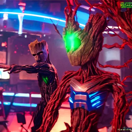 Image similar to groot and optimus prime dancing at techno party among people, wide shoot, after effect, ultra realistic