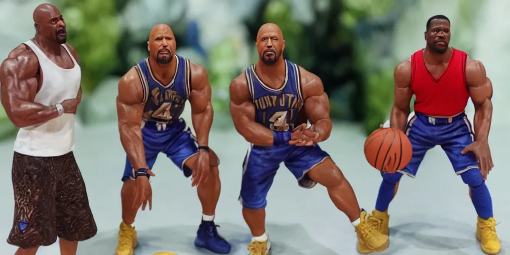 Image similar to wax figurines of Dwayne Johnson and Kevin Hart playing basketball