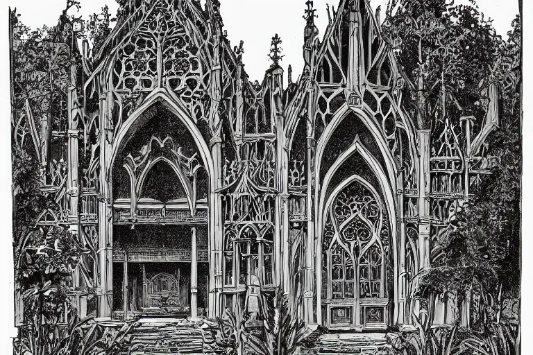 Prompt: ink illustration of a temple complex in a jungle clearing, gothic revival architecture