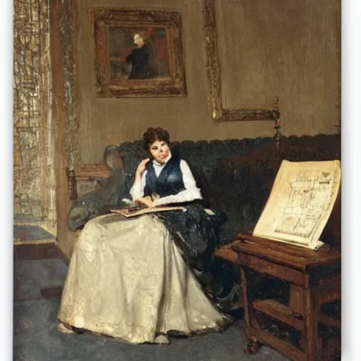 Image similar to woman reading a construction manual by alfred stevens