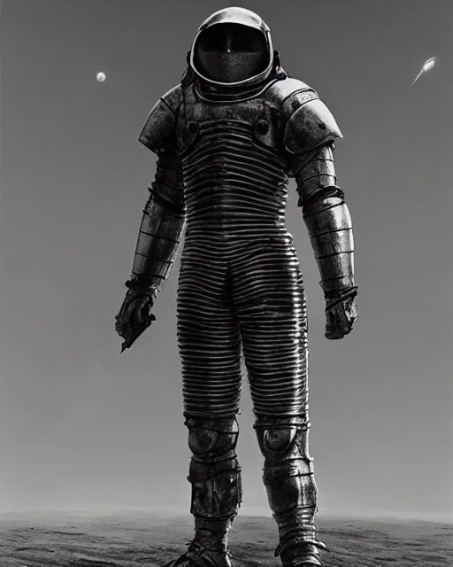 Image similar to crusader knight in armor standing on the moon, retrofuturism sci - fi old movie, highly detailed, photorealistic, 8 k, by beksinski and stalenhag