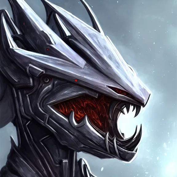 Prompt: high quality close up headshot of a cute beautiful stunning robot anthropomorphic female dragon, with sleek silver armor, a black OLED visor over the eyes, facing the camera, maw open and about to eat you, you being dragon food, the open maw being detailed and soft, highly detailed digital art, furry art, anthro art, sci fi, warframe art, destiny art, high quality, 3D realistic, dragon mawshot, dragon art, Furaffinity, Deviantart