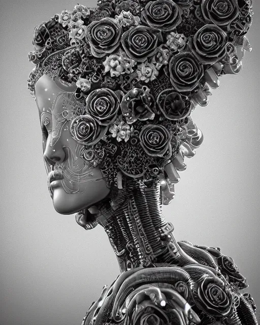 Image similar to mythical dreamy black and white organic bio-mechanical spinal ribbed profile face portrait detail of translucent steampunk beautiful female angelic-human-queen-vegetal-cyborg, highly detailed, intricate trnaslucent ivy jelly ornate, poetic, translucent roses ornate, 3D render, digital art, octane render, 8K artistic photography, photo-realistic, by Dora Maar