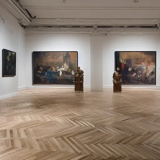 Prompt: a giant pile of cardboard boxes in a white gallery room with a parquet floor, the room has a single painting by anthony copely, behind the giant pile of cardboard boxes, interior photograph