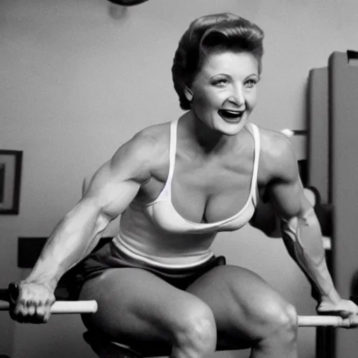 Prompt: muscular betty white bench pressing a house, strong, cinematic, working out