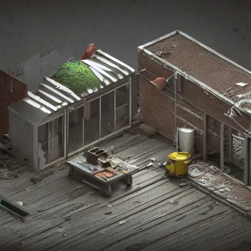 Prompt: isometric render of an abandoned workshop, volumetrics, octane render, 4k