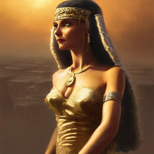 Image similar to closeup portrait of a young vivian leigh as cleopatra, palace background, dramatic light, gorgeous view, depth, high detail, digital art, painted by greg rutkowski, trending on artstation