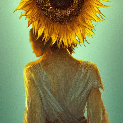 Image similar to closeup, giant sunflower head, woman standing in a room, surreal, dramatic light, impressionist painting, digital painting, artstation, van gogh