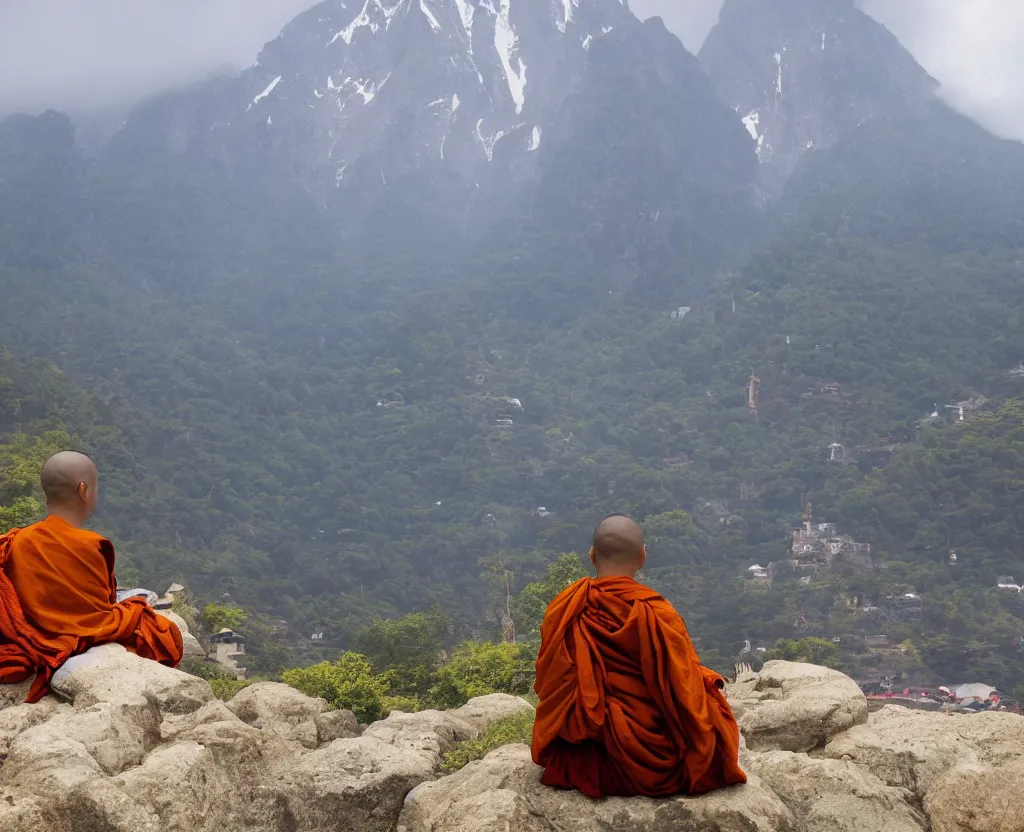 Prompt: a monk is meditating calmly on a beautiful mountain, in the foreground there is godzilla attacking a small village