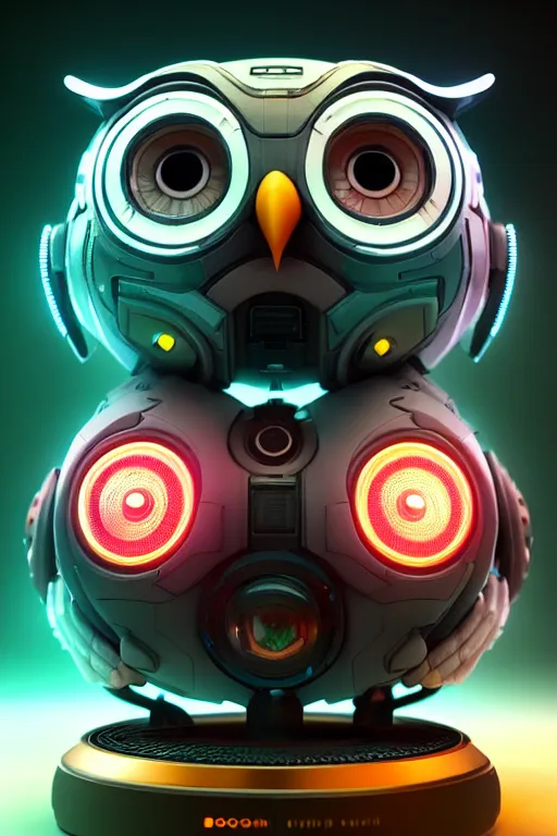 Image similar to high quality 3 d render very cute cyborg owl! with boombox!, cyberpunk highly detailed, unreal engine cinematic smooth, in the style of blade runner & detective pikachu, hannah yata charlie immer, moody light, low angle, uhd 8 k, sharp focus