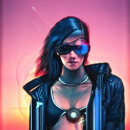 Image similar to Cyberpunk woman with eye implants, city, sunset, night, moon, buildings, portrait shot, illustration, poster art by Drew Struzan