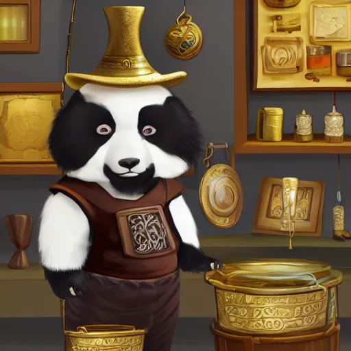 Image similar to Anthropomorphized panda trader in his shop, selling his wares, portrait, items, gold, magic potions, carpet, window, fancy hat, sly expression , cunning expression, cute expression, long thick shiny gold beak, presenting wares, holding a gold bag, D&D, fantasy, cinematic lighting, highly detailed, digital painting, artstation, concept art, smooth, sharp focus, illustration, warm light, cozy warm tint, magic the gathering artwork, volumetric lighting, 8k, art by Akihiko Yoshida, Greg Rutkowski