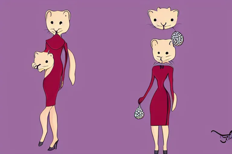 Prompt: detailed flat 2 d : ferret character : wearing diamonds : wearing a stravagant dress : wearing stiletto : head torso legs feet : behance