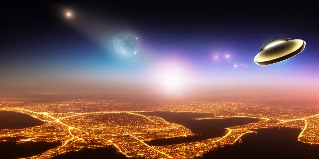 Image similar to ufo hovered over a beautiful night area, surreal, photography, high detailed, 8 k, perfect shape