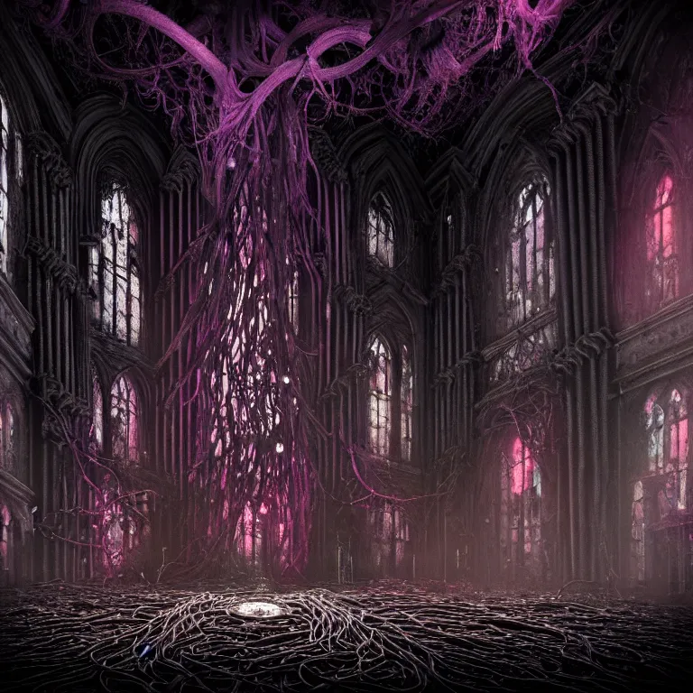 Prompt: ribbed abandoned black gothic cathedral exterior on exoplanet, covered with tentacles, roots, wires, tubes, colorful pastel neon lights, cyberpunk, baroque painting, standing in a desolate empty wasteland, creepy, nightmare, dream-like heavy atmosphere, surreal abandoned buildings, beautiful detailed intricate insanely detailed octane render trending on Artstation, 8K artistic photography, photorealistic, volumetric cinematic light, chiaroscuro, Raphael, Caravaggio, Beksinski, Giger