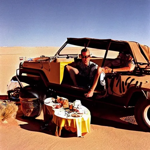 Image similar to hunter S. Thompson eating a sandwich on a jeep in the desert going really fast