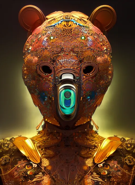 Image similar to organic cyborg, asian brightly coloured bear mask opening, diffuse lighting, fantasy, intricate, elegant, highly detailed, lifelike, photorealistic, digital painting, artstation, illustration, concept art, smooth, sharp focus, art by John Collier and Albert Aublet and Krenz Cushart and Artem Demura and Alphonse Mucha