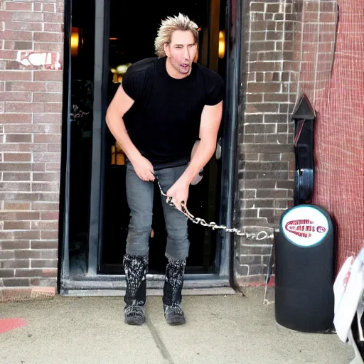 Image similar to chad robert kroeger of nickelback tied up with chains to the front door of an applebee's