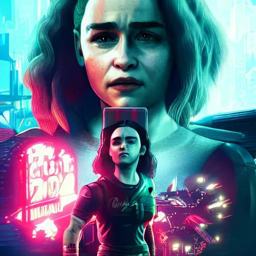 Image similar to Emilia Clarke in Cyberpunk 2077, 4k detailed artstation image, video game poster