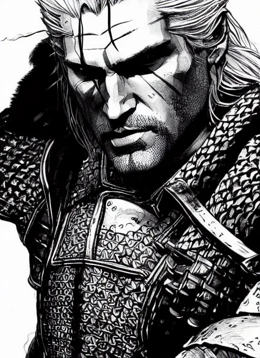 Prompt: portrait of geralt of rivia, sumi - e style, masterful, intense, ultrafine hyperdetailed illustration, concept art, detailed, intricate linework, art by yoji shinkawa