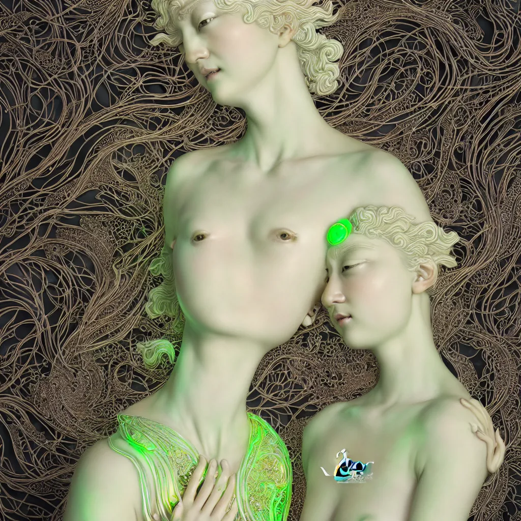 Image similar to A Close up photo real delicate ceramic porcelain sculpture of an ornate detailed blond woman in front of a intricate background by Victo Ngai and takato yamamoto, micro detail, backlit lighting, subsurface scattering, translucent, thin porcelain, octane renderer, neon green light swirling, hot Pink and Black, physically based rendering, japanese pottery, trending on cgsociety