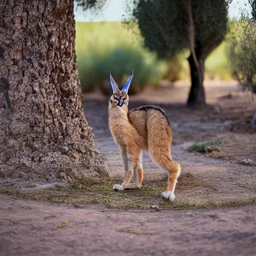 Image similar to a cinematic film still of a claymation stop motion film starring cute fluffy caracal near wooden barrel, ancient greek city, olive trees, shallow depth of field, 8 0 mm, f 1. 8