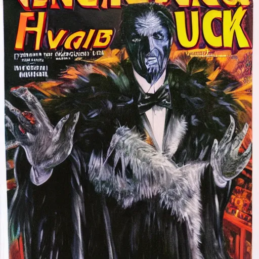 Image similar to vincent price as billionaire howard hughes in long black feathered cloak, black hands tipped with black claws, feathers growing out of skin, at opulent desk, comic book cover, vivid, mike mignogna, illustration, highly detailed, rough paper, dark, oil painting