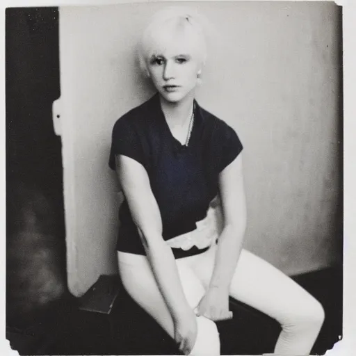 Image similar to Platinum-blonde-haired hime-cut blue-eyed French empress wearing white leggings, black jacket, boots, sitting in public housing apartment, Polaroid photo