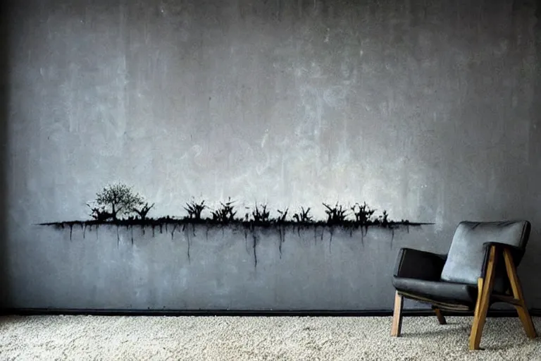 Prompt: abstract wall painting of nature landscape, grey grunge wall rule of thirds, art by banksy