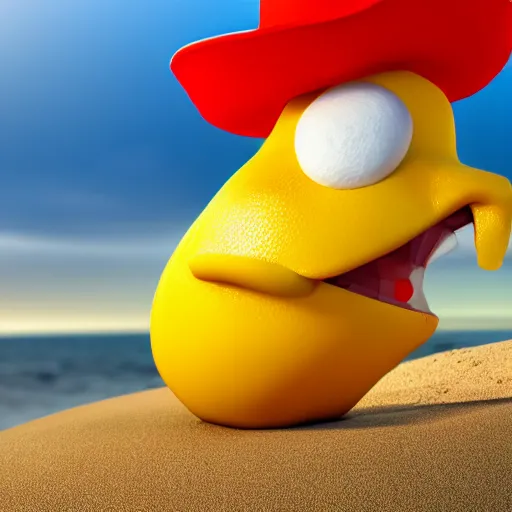 Image similar to 3 d render, of anthropomorphic lemon character with an angry look on his face, he is wearing a hat, relaxing on the beach at sunset, beach, waves, sun, rim light, cinematic photography, professional, sand, sandcastle, volumetric lightening