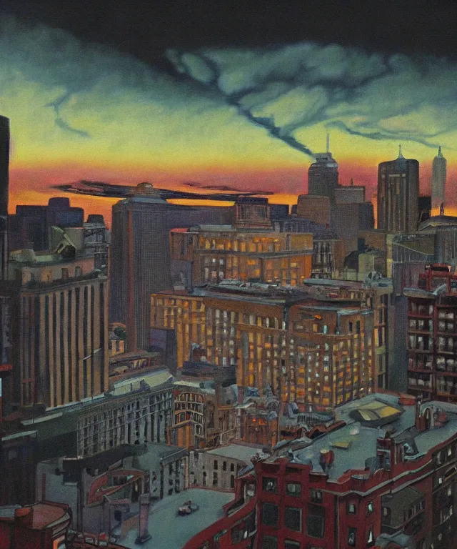 Prompt: horrifying full color photorealistic painting of the view from a 1 9 2 5 hotel terrace balcony overlooking a warped view of downtown boston with a cosmic sky, dark, atmospheric, brooding, smooth, finely detailed, cinematic, epic, in the style of lee gibbons