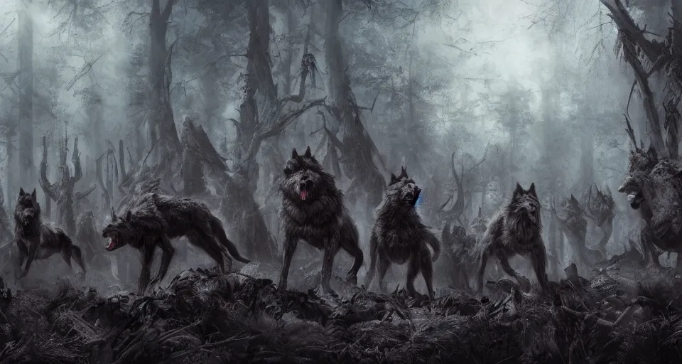 Prompt: an epic action concept masterpiece of a rabid wolfpack, in a forest made of nightmares, horrific digital art, extremely moody lighting, style of johannes voss