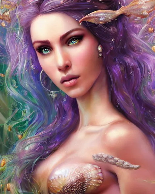 Prompt: Ava Dalush as a mermaid with a piercing gaze wearing a shell bikini in an underwater magical forest, highly detailed face, realistic face, beautiful detailed eyes, fantasy art, in the style of artgerm, illustration, epic, fantasy, intricate, hyper detailed, artstation, concept art, smooth, sharp focus, ray tracing, vibrant, photorealistic