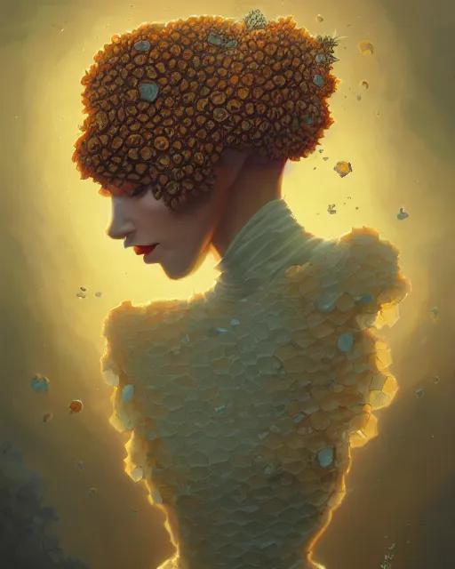 Prompt: woman wearing honeycomb dress, dripping honey, beehive couture, overgrown flower pollen fashion couture, artgerm, peter mohrbacher, artstation