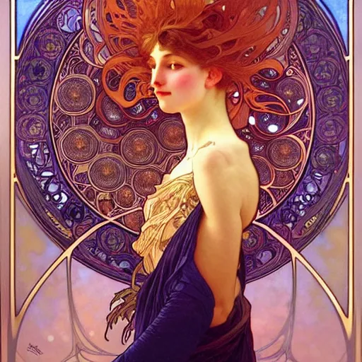 Image similar to unique non conventional beauty, surreal, fantasy, intricate, elegant, dramatic lighting, emotionally evoking symbolic metaphor, highly detailed, lifelike, photorealistic, digital painting, artstation, concept art, smooth, sharp focus, illustration, art by Alphonse Mucha and Albert Aublet