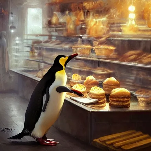 Prompt: a happy penguin cooking in a bakery by greg rutkowski and thomas kinkade, trending on artstation, 3 d art station