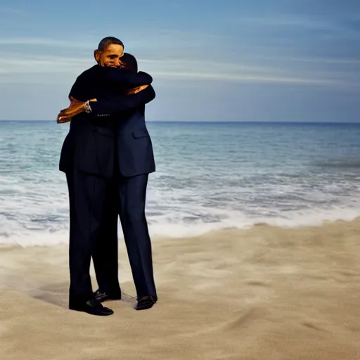 Image similar to Walter White hugging Barak Obama on the beach, artistic, 8k, dramatic lighting