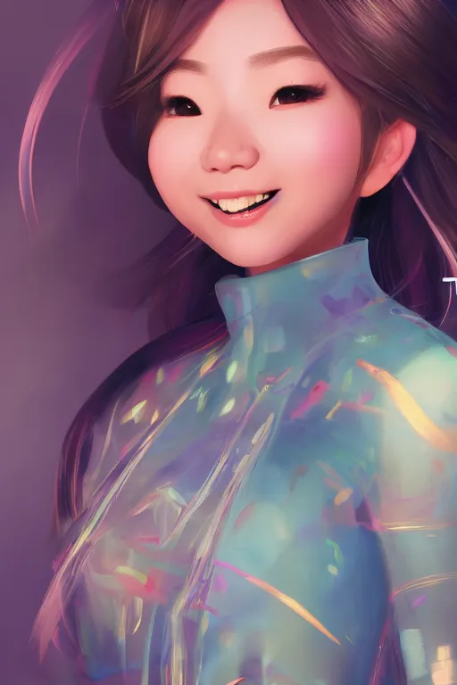 Prompt: a painting of cute Asian girl smiling, flowing hair, futuristic clothes, in the style of Pixar animation, low angle view, 16mm lens, award winning, hyper detailed, dramatic lighting, artstation, octane renderer, unreal engine