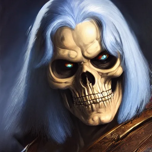 Image similar to ultra realistic portrait painting of skeletor as geralt of rivia, art by frank frazetta, 4 k, ultra realistic, highly detailed, epic lighting