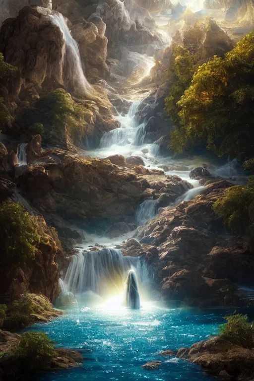 Prompt: creation of the world and heaven with a river of the water of life, clear as crystal, flowing from the throne of god and of the lamb by daniel f. gerhartz and matt stewart, fantasy, photorealistic, octane render, unreal engine, dynamic lighting