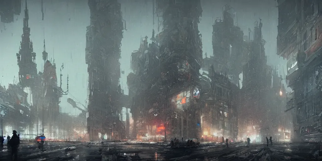 Image similar to cyberpunk depiction of the city of gdansk during arctic conditions by greg rutkowski