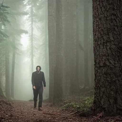 Image similar to Keanu reeves in The woods foggy but clear image 4k detailed