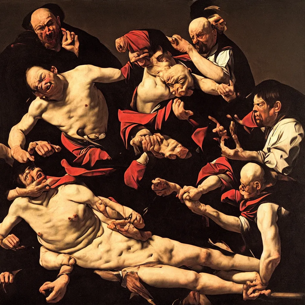 Image similar to The pain of the fool, in the style of Caravaggio