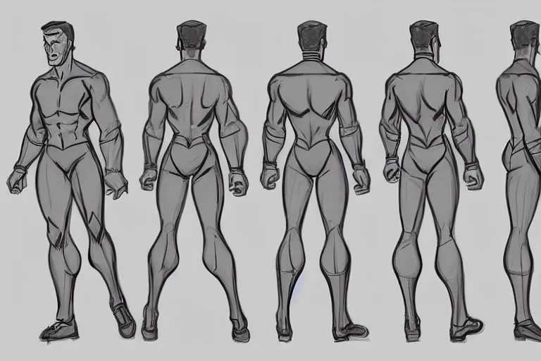 Image similar to a model sheet contaning a hero in the front back and side views, proportions,