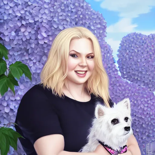 Prompt: 5 0 year old mildly overweight blonde woman, welcoming grin, wearing black, surrounded by hydrangeas, small white dog at her side, portrait, headshot, in the style of alexis franklin, thomas river, ross tran, wlop, artgerm, detailed, high quality