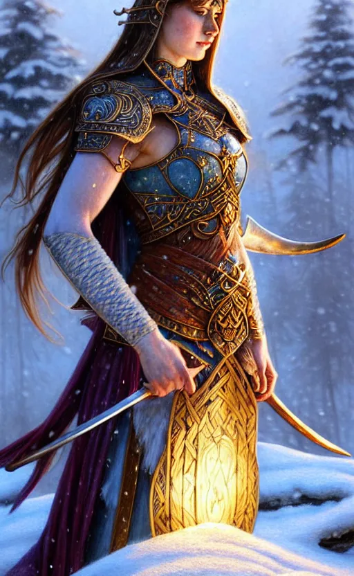 Image similar to lapis lazuli viking warrior, regal, elegant, winter, snow, beautiful, stunning, hd, illustration, epic, d & d, fantasy, intricate, elegant, highly detailed, wide angle, digital painting, artstation, concept art, smooth, sharp focus, illustration, wallpaper, art by artgerm and greg rutkowski and alphonse mucha and jin xiaodi