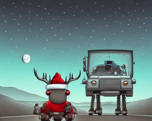 Prompt: a cell shaded cartoon grey mechanized santa + deer robot, with a big head, on a desert road, wide shot, in front of a big moon, muted colors, post grunge, josan gonzales, wlop, by james jean, victor ngai, hq, deviantart, art by artgem
